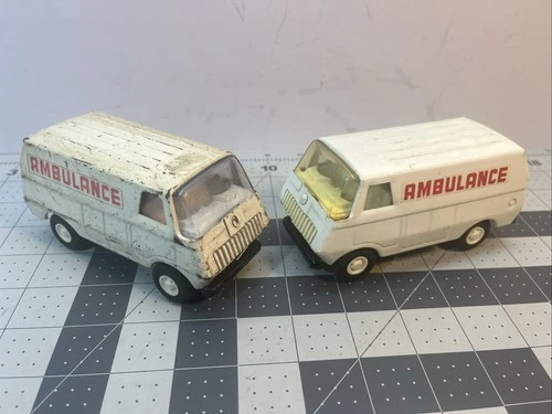 TWO Vintage Tonka Ambulance Van 55360 Pressed Steel Metal White Emergency 1970's