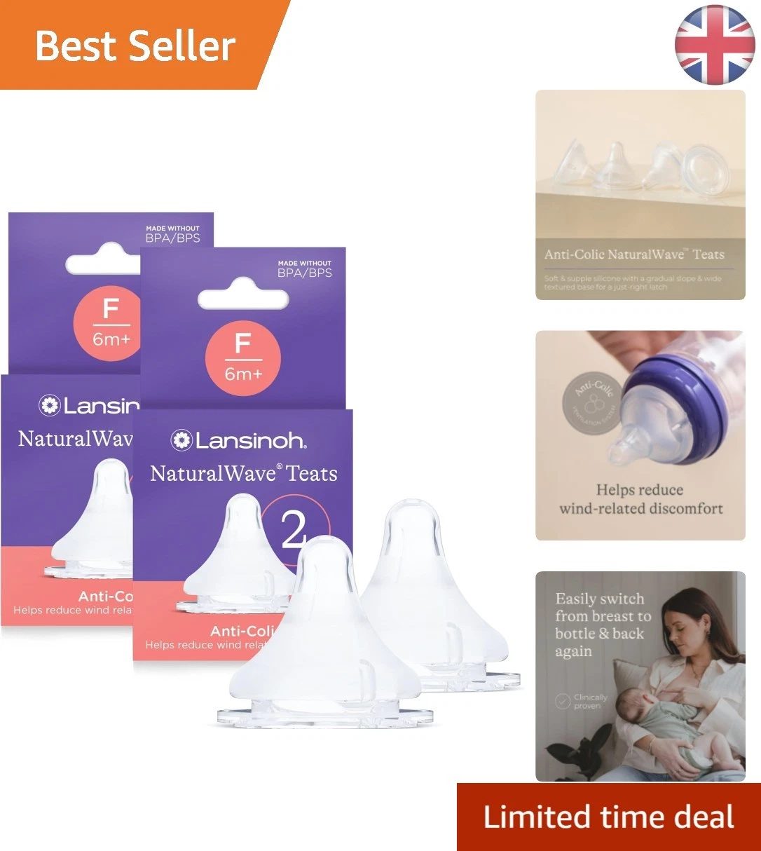 Clinically Proven Anti-Colic Baby Teats - Fast Flow - 4 Pack, Silicone Safety