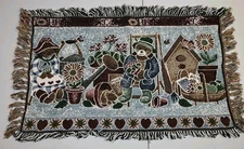 Vintage Tapestry Throw Rug Runner Teddy Bears And Potting Shed 32"x18" Cottage