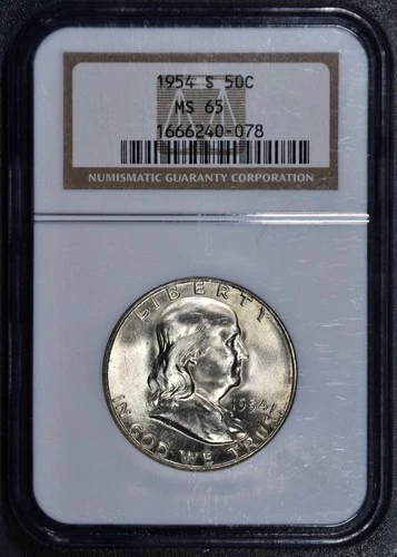 1954 50C FRANKLIN SILVER HALF DOLLAR KM# 199 NGC MS 65 A6379