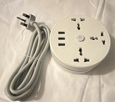 White 4-Outlet Power Strip w/ 3 USB Ports, Type G Plug, 3.6-5 ft Cord
