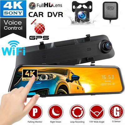 TOGUARD 4K 12'' WiFi Dual Dash Cam Car Rear View Mirror GPS Camera Video Recorder
