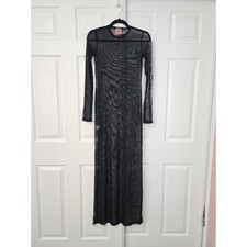 Hoes Before Bros Black Sheer Mesh Maxi Dress Rhinestone Sleeve Greece Small NWT