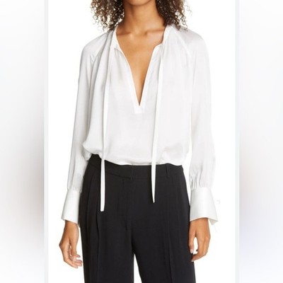 Club Monaco Shirred Tie Detail Blouson Top White Silk sz small $259