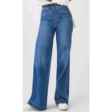 Spanx Seamed Front Wide Leg Jeans Large Pull On Vintage Indigo Blue MSRP 168
