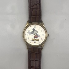 Disney Mickey Mouse Quartz Watch Brown Leather Strap Gold Tone