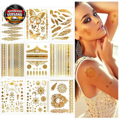 Goldene temporäre Tattoo Set für Festival & Party - Wasserdicht, langlebig, 110+