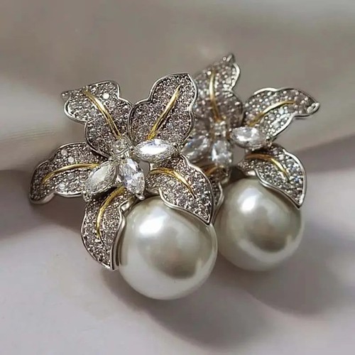 Zara pearl coloured flower stud earrings with delicate silver leaves sale price