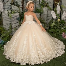 Elegant Customized Flower Girl Dress For Wedding Pearls Floral Appliques Sleeve