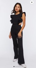 Women's Black Solid Ruffle Sleeve Cut-Out Open Back Zip Flared Jumpsuit