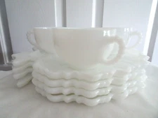 Set 4 Vintage Hazel Atlas Opaque Milk Glass Tree of Life Snack Plates w. 3Cups