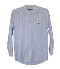 RNT23 Banded Collar Dress Shirt Button Down Oxford Stripe Blue Roll Tab Sleeve S