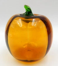 VINTAGE BLENKO STUDIO HAND-BLOWN ART GLASS PUMPKIN PAPERWEIGHT, MADE IN USA