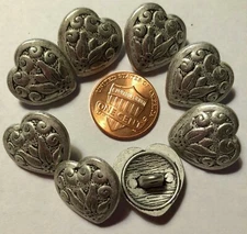 8 Domed Silver Tone Metal Shank Buttons Just Over 11/16" 18mm Heart Flower 9527