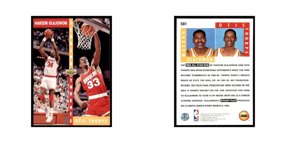 1992 Upper Deck Hakeem Olajuwon/Otis Thorpe Basketball Cards #501 - Image 3 of 3