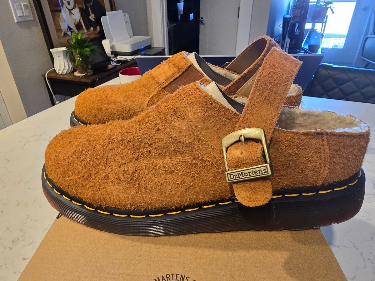 Dr Doc Martens Isham Hairy Suede Slingback Mules Brown MENS 