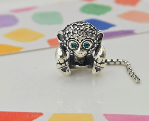 Authentic Pandora Silver Sparkling Monkey blue eyes with tail Charm
