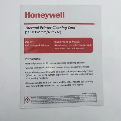 Honeywell Thermal Printer Cleaning Card 115 x 152 mm 4.5" x 6" (4) 1-110501-00 - Image 1 of 3
