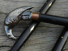 Antique Solid Brass Raven Head Handle Style Walking Stick Wooden Cane, 37 inches