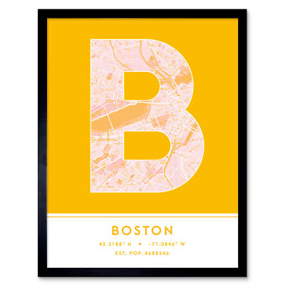 Boston Massachusetts United States City Map Typography Framed Art Print 12x16 In