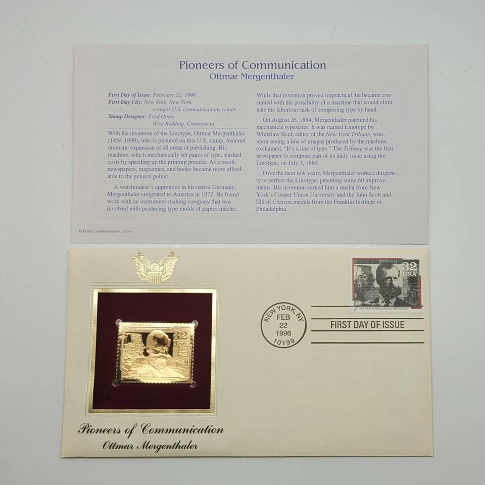 4 Pioneers of Communication 22kt Gold Stamp 32 Cent February 22, 1996. STP54 - Image 2 of 4