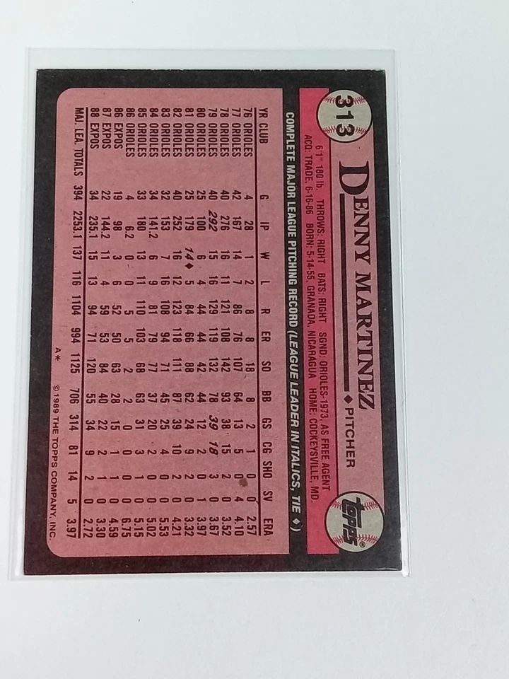 Denny Martinez #313 Topps Expos Card 1989 - Image 3 of 4
