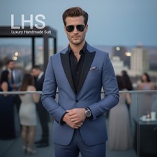 Two piece tailored luxury blue tuxedo suit for men, models for wedding, party.