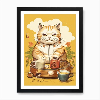 Kawaii Cat Drawings Drinking Tea 2  Framed Wall Art Poster Canvas Print Picture