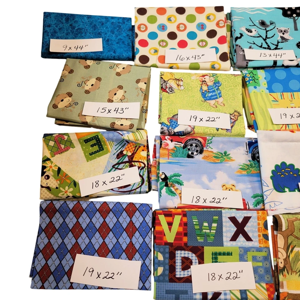 Cotton Fabric Bundle 14 Pcs Kids Prints Fat Quarters Scrap Lot 9x44–21x23" - Image 2 of 4