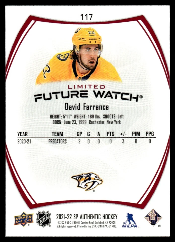 2021-22 SP Authentic Future Watch RED DAVID FARRANCE Boston Bruins #117 - Image 2 of 2