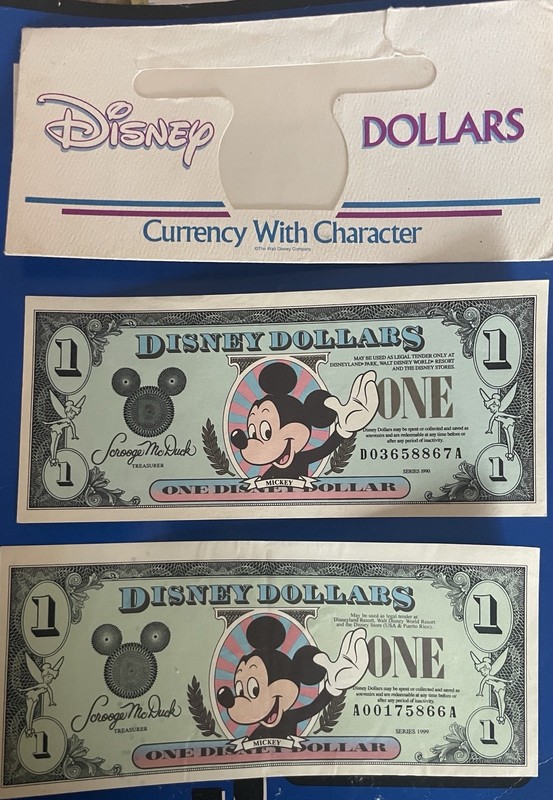 Disney Dollars $1 Lot of 2 1990 & 1999 Mickey Mouse Notes w/ Original Envelope