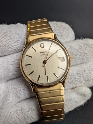Timex Men's Vintage Quartz Gold Toned Stretch Band Analog Watch 34mm New Battery