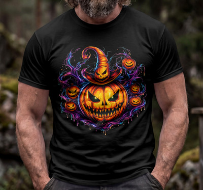 Cooles Halloween Neon T-Shirt Haunted Pumpkin lustig Retro gruselig Party Kostüm