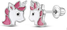 925 Sterling Silver Majestic Pink and White Enamel Unicorn Safety Screw Back Ear