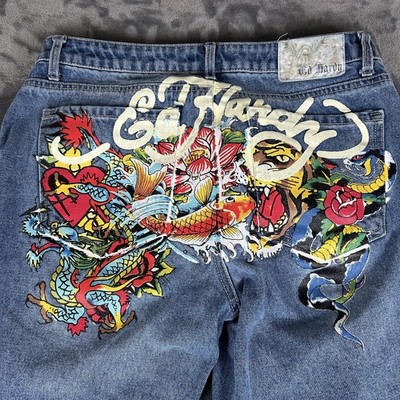 Ed Hardy Multi Tattoo Relaxed Baggy Jeans Women's Size 30 Painted Logo Koi Y2K