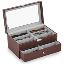 Sunglasses Organizer 12 Slots, Lockable Leather Eyeglasses Box with Drawer