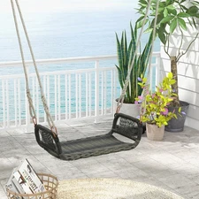 1-Person Rattan Porch Swing Single Swing Chair Bench w/ Hanging Hemp Ropes