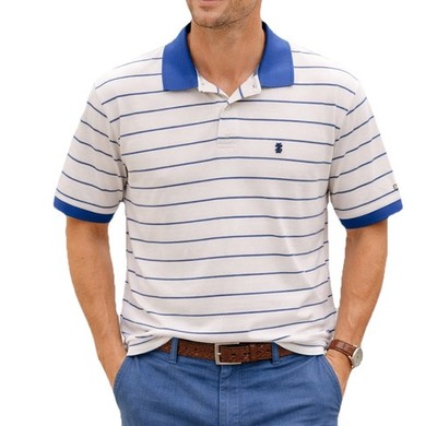 IZOD Red Label Mens M Short Sleeve Button Polo Shirt Mint White Thin Blue Stripe
