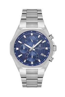 Mens 45mm Octogon Quartz Watch Steel Strap Silver / Blue Dial Day-Date