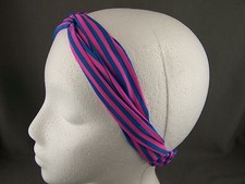 Pink Aqua striped turban twist headband 1.75" wide turband rayon fabric