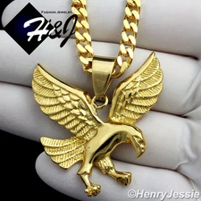 24"MEN Stainless Steel 5mm Gold Plated Cuban Curb Necklace 3D EAGLE Pendant*GP95