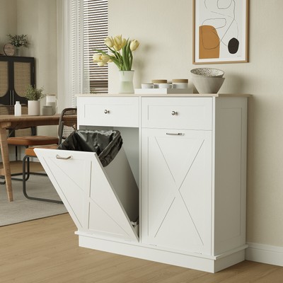 Tilt Out Double Trash Can Cabinet 2 Drawers Adjustable Shelf Kitchen Garbage