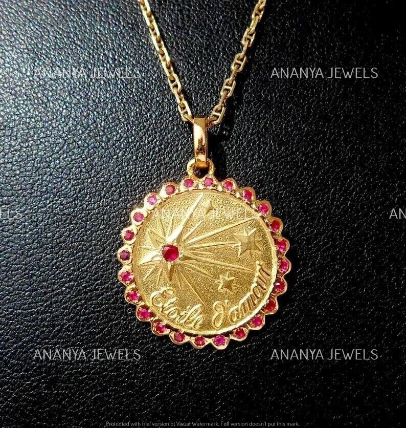 Vintage 1.50 CT Round Lab-Created Ruby Love AUGIS Pendant 14K Yellow ...