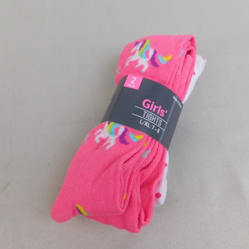 4 Pair Girls Knit Tights Socks Pink Hearts & Unicorn Print 7-8 L/XL #968 - Picture 5 of 8