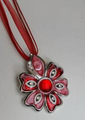 Bänderkette Blumen Anhänger 6,5 cm silberfarben rot GlitzerK 600 - Bild 1 von 4