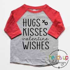 Kids Valentine's Shirt Raglan Hug Kisses Wishes Toddler Boy or Girl Baby Trendy