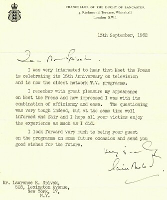 ''RARE!  British Minister Of Health'' Iain Macleod Hand Signed TLS Dated 1962