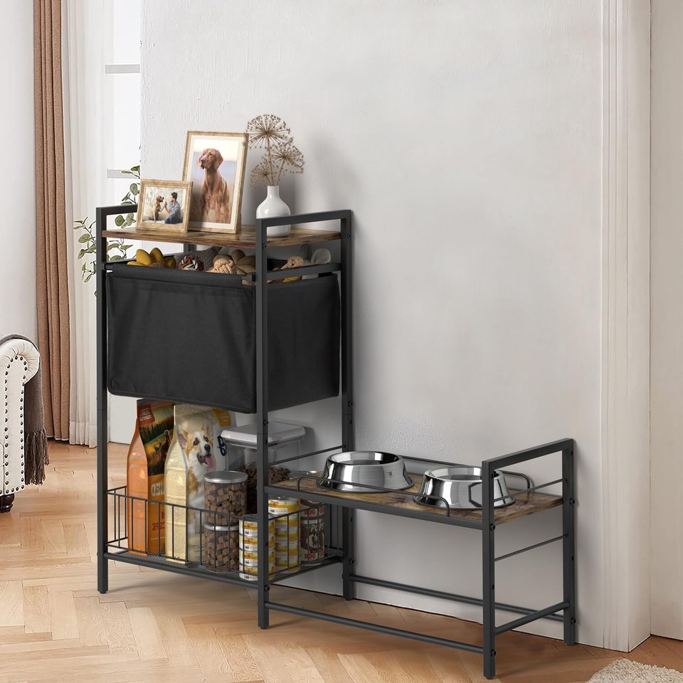 Lomivra Elevated Dog Bowls, Raised Dog Bowl Stand with Dog Toy Bin