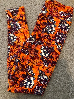 NEW LulaRoe Orange Black 70s Geometric Lattice Daisy Floral OS Leggings #343