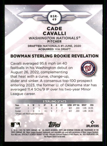 2023 Bowman Sterling Rookies #BSR49 Cade Cavalli - Picture 2 of 2